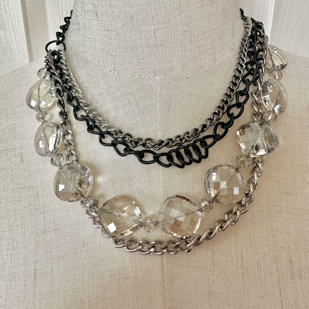 Express black sillver crystal multi strand necklace